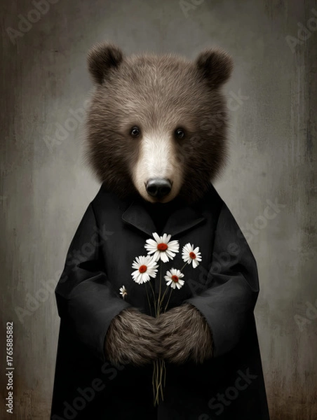 Fototapeta Gentle anthropomorphic brown bear in a black coat holding a bouquet of white daisies, a moody, soft-focus digital painting with vintage style