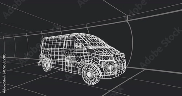 Fototapeta Wireframe passenger van traveling through curved tunnel grid, with tiled floor grid