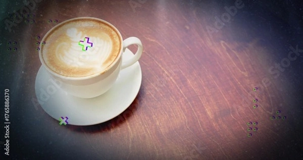 Obraz Showing ceramic cup and saucer holding cappuccino on coffee shop table, latte art leaf copy space