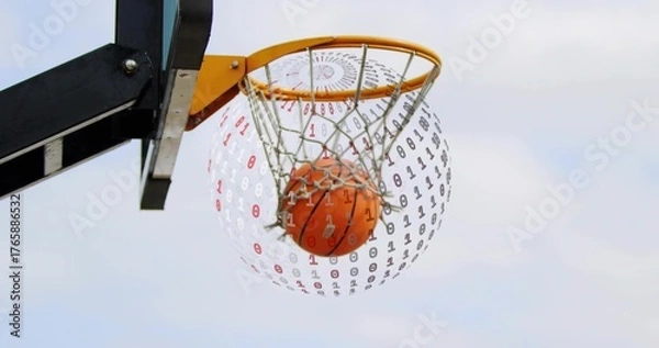 Fototapeta Flying basketball moving through outdoor rim and net under cloudy sky, with binary code overlay