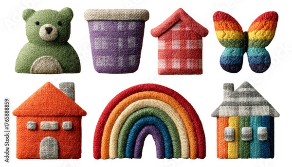 Fototapeta Colorful Felt Shapes Featuring a Bear, House, Butterfly, and Rainbow on Transparent Background