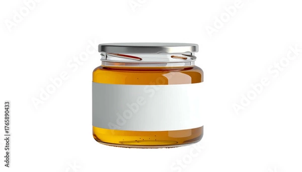 Obraz Small jar of amber liquid with a silver lid and a blank white label against black