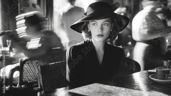 Fototapeta Intense black and white portrait of a mysterious young woman in a vintage wide-brimmed hat, sitting in a bustling 1940s cafe with motion blur background