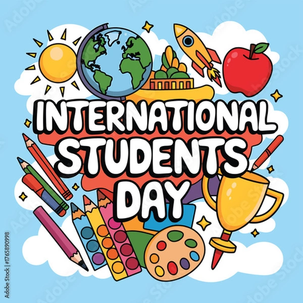 Fototapeta Vector art of vibrant international students day graphic featuring school items, globe, rocket, and trophy