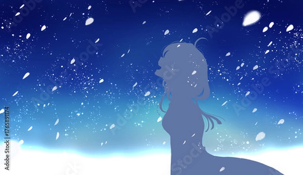 Fototapeta 笑顔のワンピースの女性　夏　夜　天の川　横長　シルエット