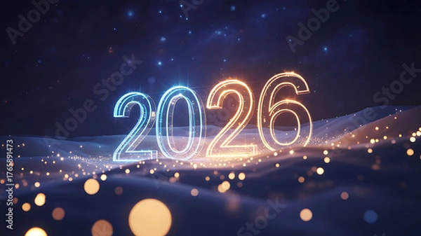 Fototapeta Futuristic glowing 2026 in neon lights with starry background – abstract digital design for New Year, technology, or future-themed visuals