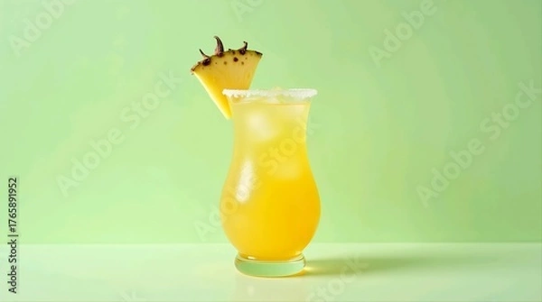 Obraz Tropical pineapple cocktail in a clear round glass, pineapple garnish, and ice, isolated on pastel mint