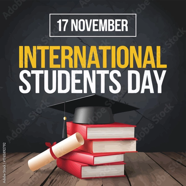Fototapeta Vector art of international students day celebrated on november 17th with graduation cap, diploma scroll, and stack of books on a wooden table, symbolizing education and achievement