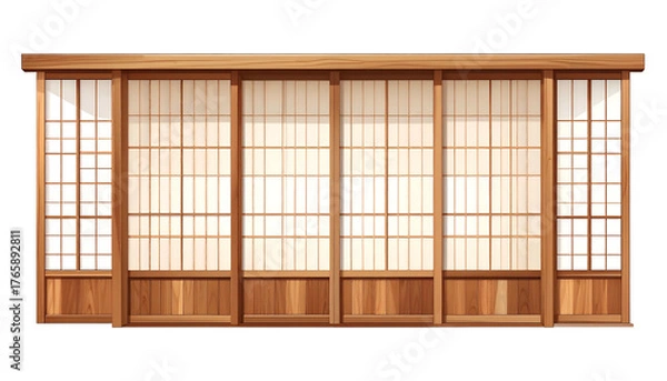 Obraz Illustration of a Japanese sliding door, made of wood and paper panels, indoors