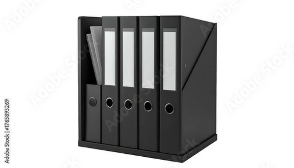 Obraz A black office organizer holding several upright binders with white labels and paper