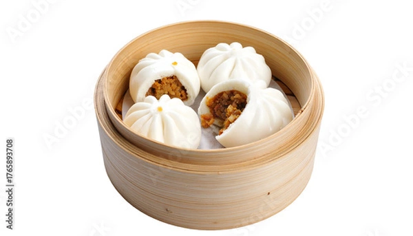 Obraz Steamed buns with savory filling presented in a bamboo steamer, one partially open
