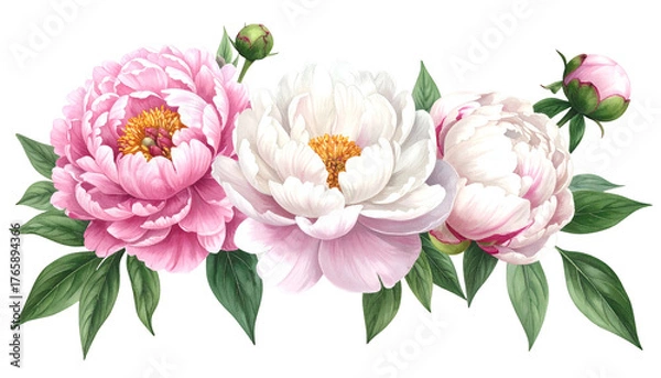 Obraz Watercolor illustration of three peony blossoms in varying shades, with buds and foliage
