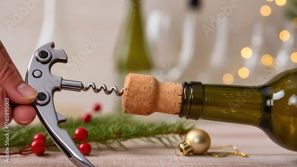 Fototapeta Close-up of a corkscrew extracting a cork from a bottle. original editorial holiday concepts.