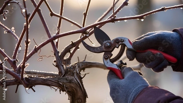 Fototapeta A close-up of weathered pruning shears gloved hands methodically trimming dormant grapevines in a frost-kissed winter vineyard, captured from a low-angle perspective emphasizing twisted branches.