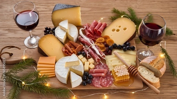 Fototapeta Festive cheese and charcuterie board with red wine, top view.