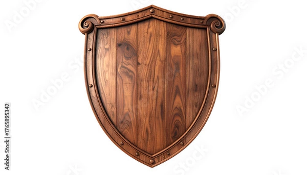 Obraz A detailed wooden shield with decorative trim, rivets, and a smooth, natural wood grain background