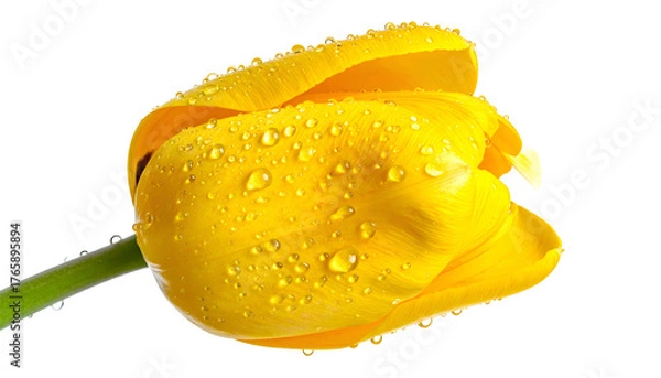 Obraz Vibrant, close-up shot of a yellow tulip with water droplets against a stark black backdrop