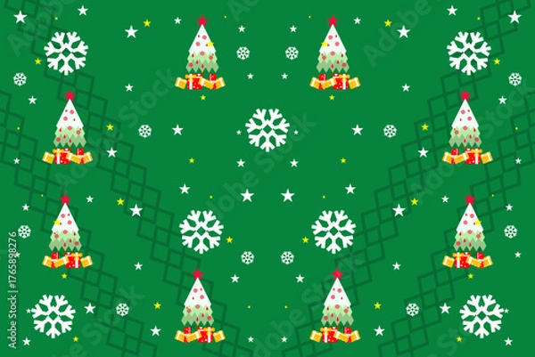 Fototapeta christmas card with christmas tree. seamless stars tree and snowflakes.Native American tribal fabric,design illustration for woven textile printing, xmas, picture books, New Year's gift wrapping paper