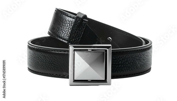 Obraz A black leather belt with a textured surface and a shiny silver square buckle