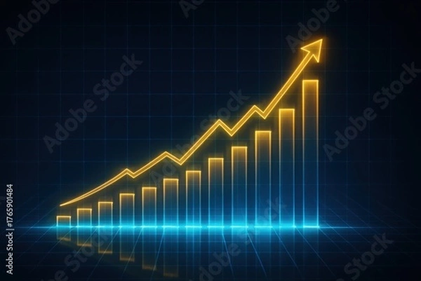 Fototapeta Glowing chart with upward trending graph and bars showing business growth.