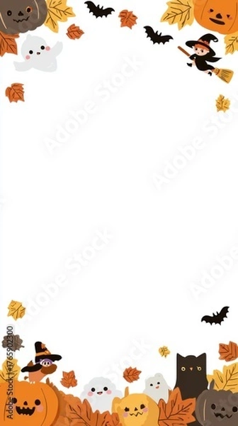 Fototapeta Colorful Halloween-themed illustration featuring playful ghosts, pumpkins, bats, and autumn leaves, creating a festive border with ample copy space for text or design elements
