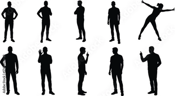 Obraz Silhouette of people standing talking arguing communicating isolated on white background, teamwork discussion, conflict, gesture communication, lifestyle concept illustration