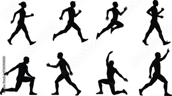 Obraz Silhouette of people running, walking, jumping, and exercising, active human body movement poses isolated on white background, fitness concept