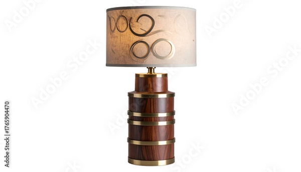 Obraz A detailed studio shot of an illuminated lamp with a dark wooden base, brass accents, and patterned shade