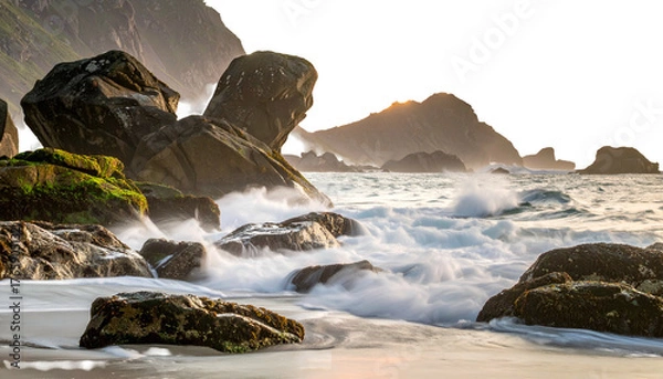 Obraz Rugged coast scene. Waves crash on mossy rocks, mountains in background. Long exposure effect