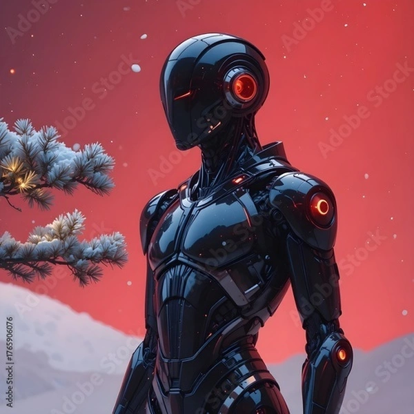 Fototapeta Sleek futuristic android stands against a vibrant red sunset sky with snowy branches