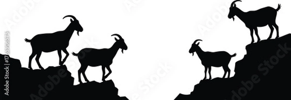 Obraz Mountain goats silhouette on rocky hill, wildlife vector illustration, climbing animals in nature, adventure outdoor concept design art