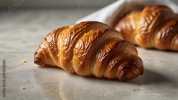 Obraz A delicious golden-brown croissant with a perfectly crisp, flaky texture placed on a clean white background.