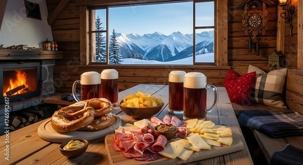 Obraz Alpine Cabin Beer  Snacks.