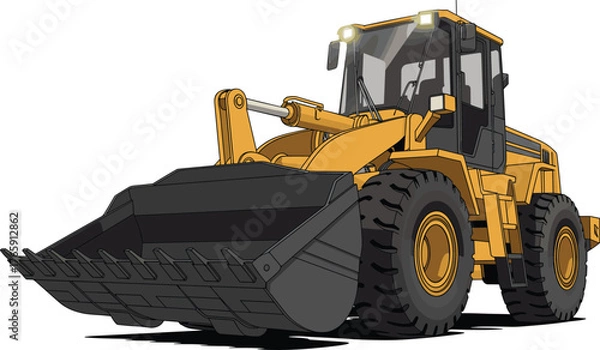 Obraz Illustration of yellow wheel loader heavy construction vehicle, industrial machinery for excavation and roadwork, engineering equipment, construction site concept