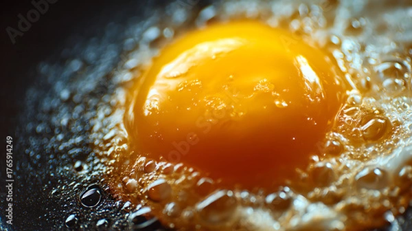Obraz Close-up of a bright egg yolk frying in hot oil, surrounded by bubbles and a glossy, golden surface