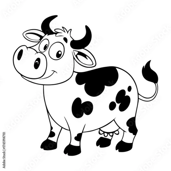 Fototapeta Whimsical black and white cartoon cow with big eyes and spotty pattern