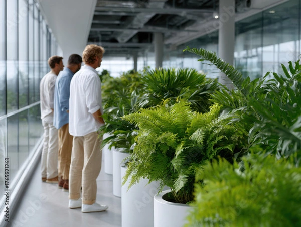 Obraz Businessmen observing biophilic office design with plants