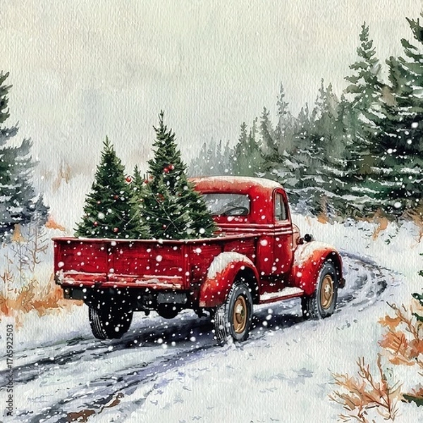Obraz Vintage red truck with Christmas trees on icy road in snow-covered pine forest, soft watercolor pastel style for nostalgic holiday scenes and prints
