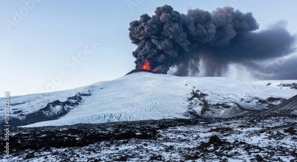 Fototapeta Volcano erupting with a massive ash cloud over a snow covered mountain landscape