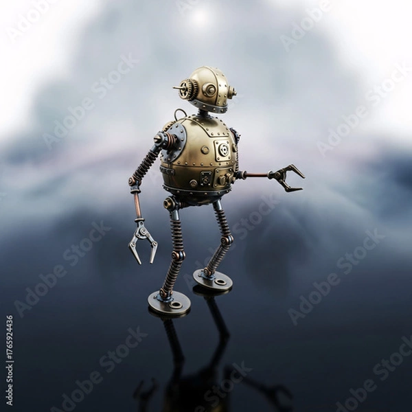 Fototapeta Lonely Robot Figure on Dark Reflective Surface