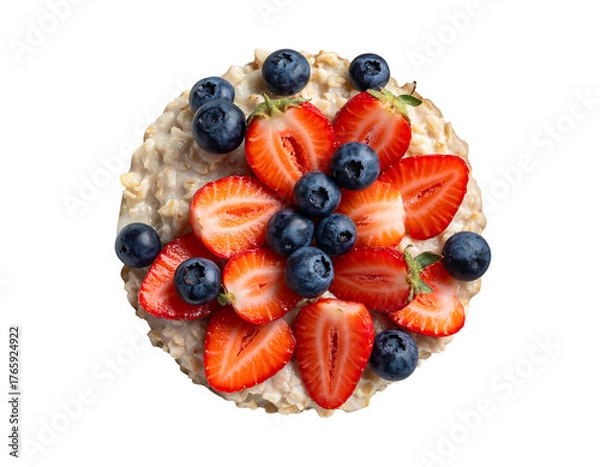 Obraz Overhead view of healthy oatmeal with fresh strawberries and blueberries isolated on transparent background