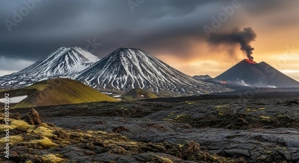 Fototapeta Dramatic volcanic eruption at sunset with smoke billowing from the peak