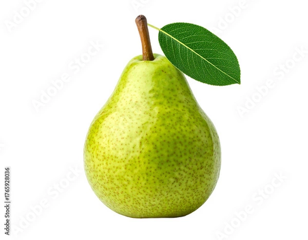 Obraz A single ripe green pear with a stem and leaf isolated on transparent background