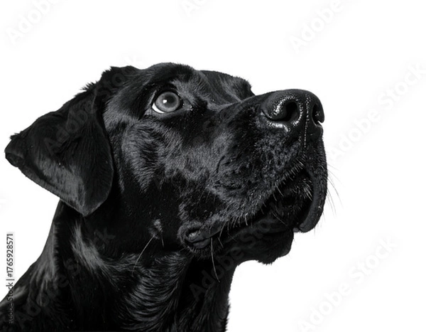 Obraz Close up portrait of a black labrador dog looking up with curious eyes isolated on transparent background