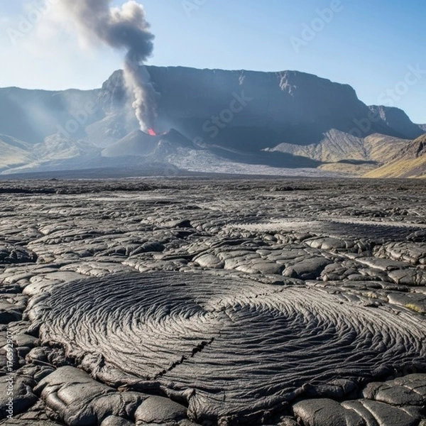 Fototapeta Volcanic eruption with lava flow and smoke plume rising from a rocky landscape