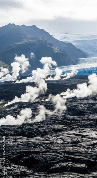 Fototapeta Volcanic landscape with steam vents and a glacier in the background