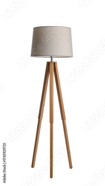 Obraz Modern wooden tripod floor lamp with cream shade isolated on transparent background