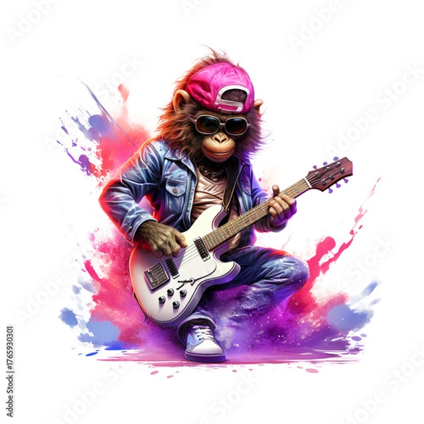 Fototapeta Cool monkey playing guitar on clean background. Music. Wildlife Animals. Illustration, Generative AI.