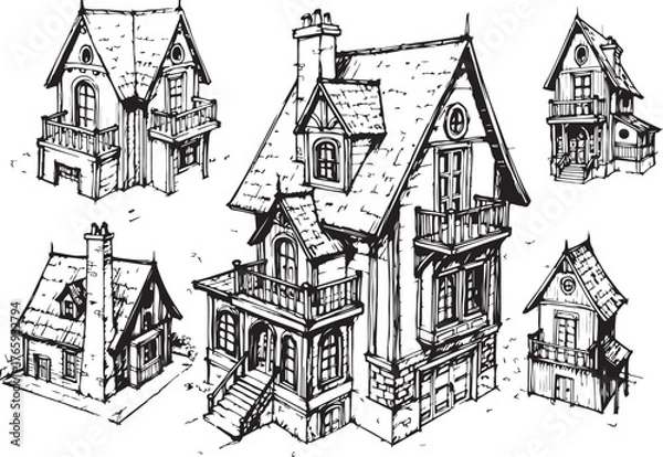 Fototapeta Vintage castle sketch in European town with urban architecture and old towers