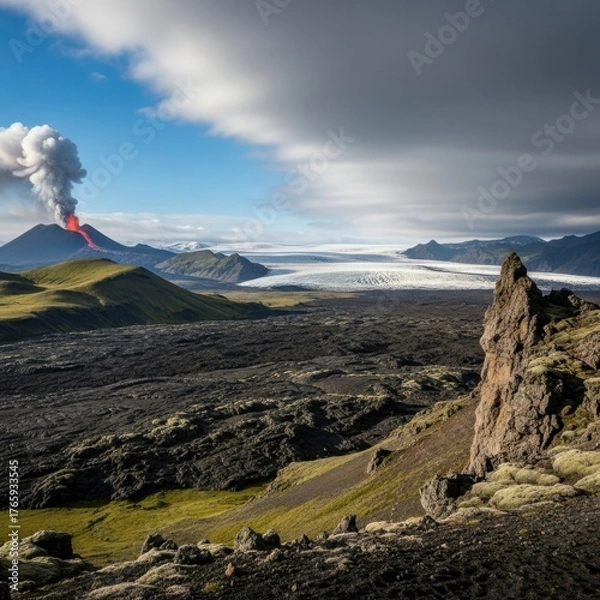 Fototapeta Volcanic eruption with glowing lava and smoke plume amidst a dramatic landscape in iceland